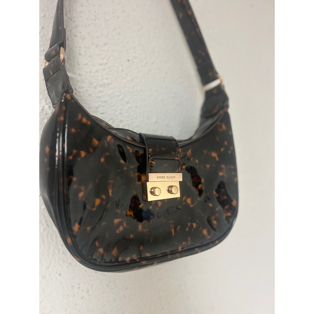 Anne Klein Tortoiseshell Patent Leather Hobo Shoulder Bag Brown Gold Tone